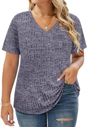 RITERA Plus Size Tops for Women Short Sleeve V Neck Solid Loose Ribbed T Shirts Causual Tunics Summer Tie Dye Blouse XL-5XL