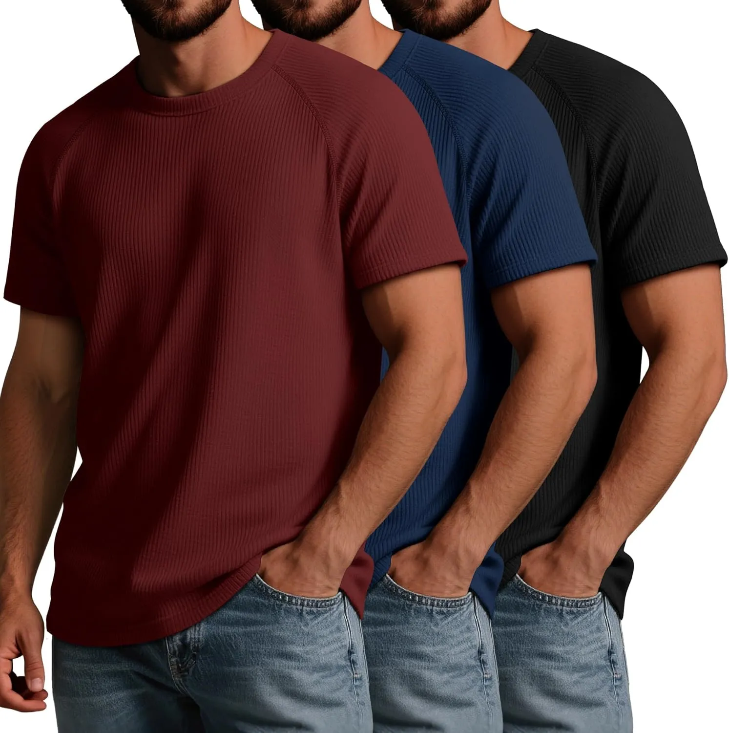Riyiper 3 Pack Men's Big and Tall Ribbed Knit T-Shirts XL-5XL Summer Textured Casual Short Sleeve Tops Crew Neck Basic Tee