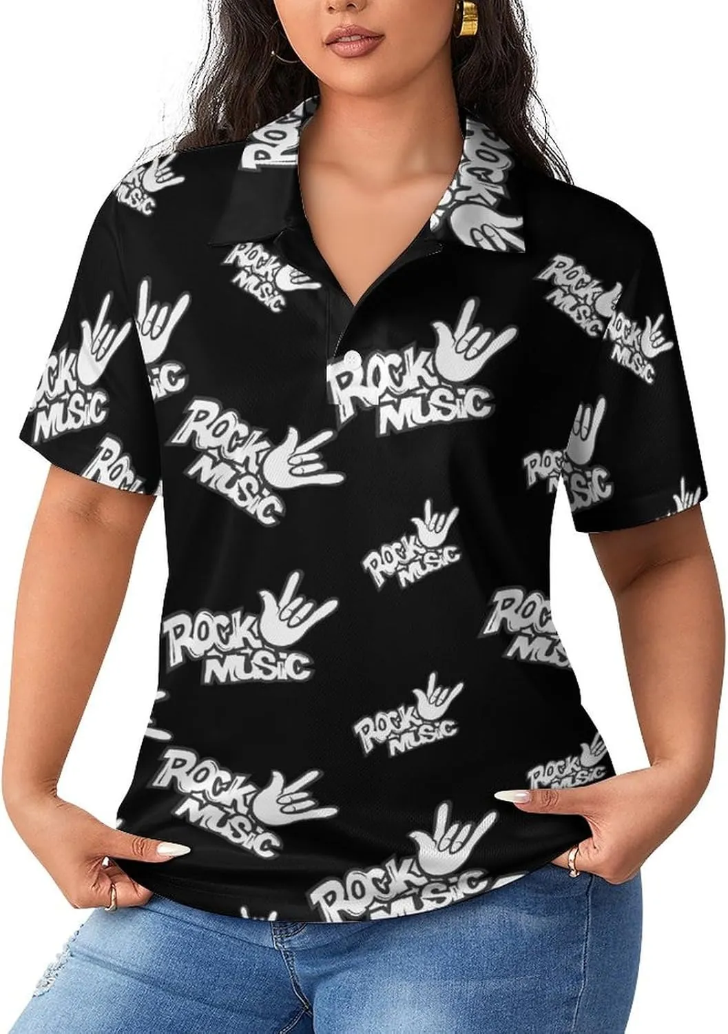 Rock Music Women's Short Sleeve Polo Shirts Quick Dry Golf Shirt Button Tops Casual Loose Tees