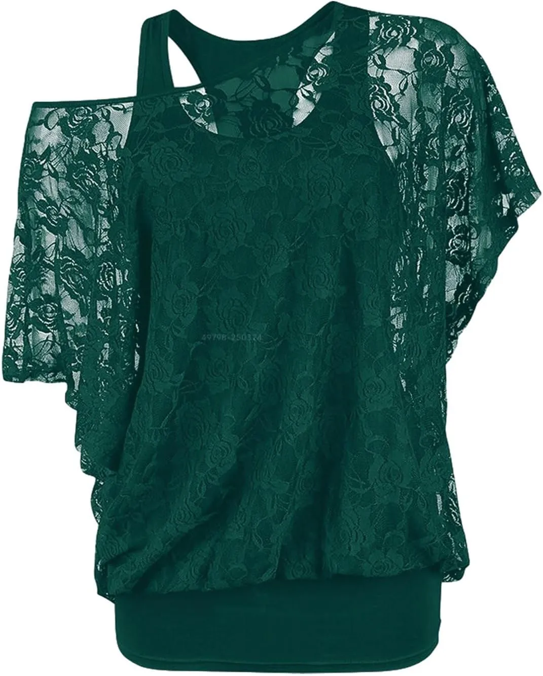Rosegal Women Plus Size Skew Neck Sheer Lace Blouse and Racerback Tank Top Casual Crew Neck T-Shirt Summer Tops