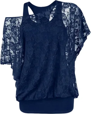Rosegal Women Plus Size Skew Neck Sheer Lace Blouse and Racerback Tank Top Casual Crew Neck T-Shirt Summer Tops