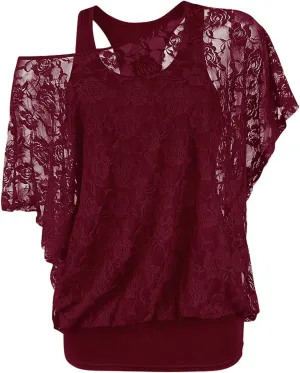 Rosegal Women Plus Size Skew Neck Sheer Lace Blouse and Racerback Tank Top Casual Crew Neck T-Shirt Summer Tops