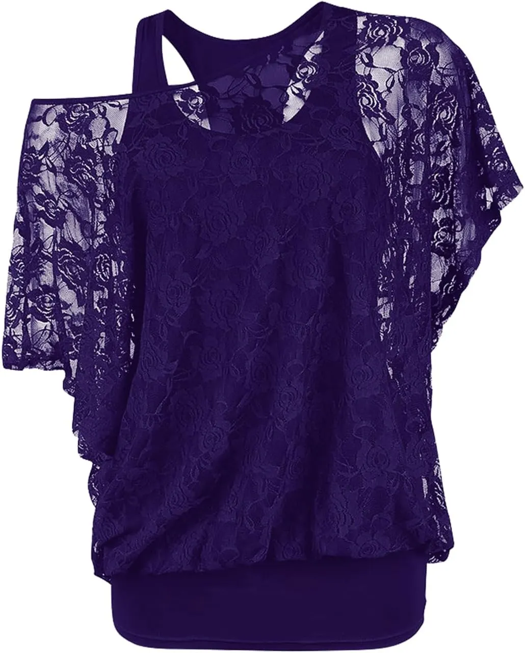 Rosegal Women Plus Size Skew Neck Sheer Lace Blouse and Racerback Tank Top Casual Crew Neck T-Shirt Summer Tops