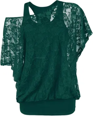 Rosegal Women Plus Size Skew Neck Sheer Lace Blouse and Racerback Tank Top Casual Crew Neck T-Shirt Summer Tops