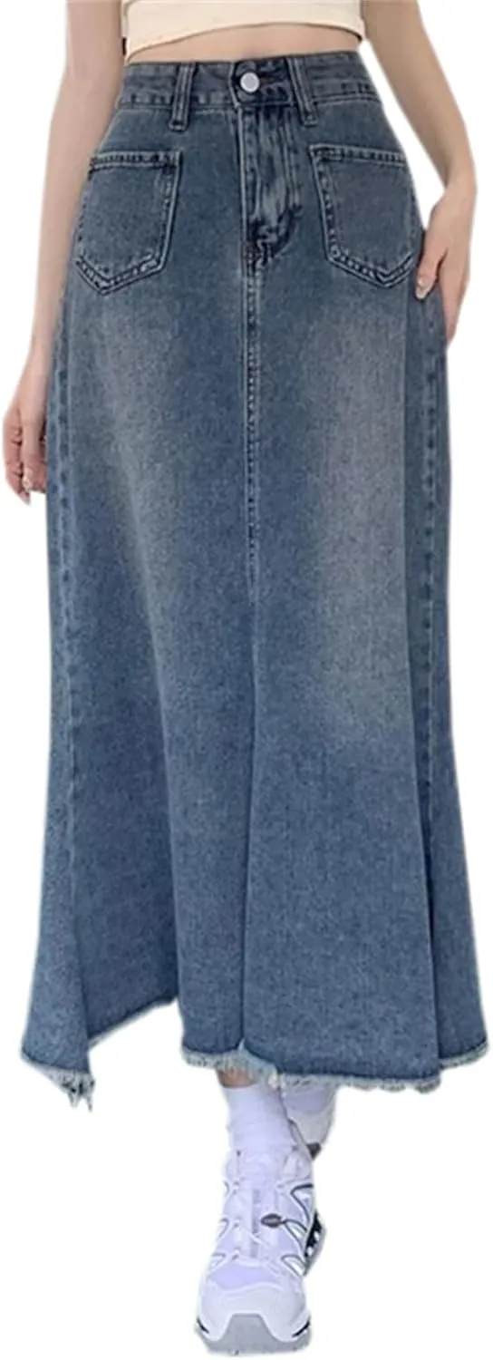 SANGTREE Women's Long Denim Skirts High Waisted Flared A Line Raw Hem Fishtail Skirt