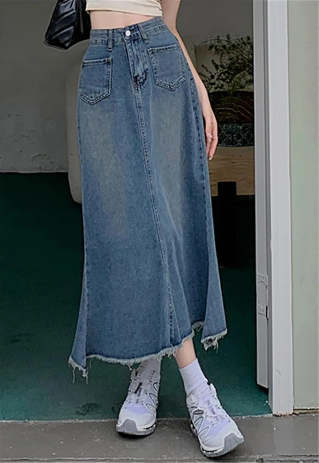 SANGTREE Women's Long Denim Skirts High Waisted Flared A Line Raw Hem Fishtail Skirt
