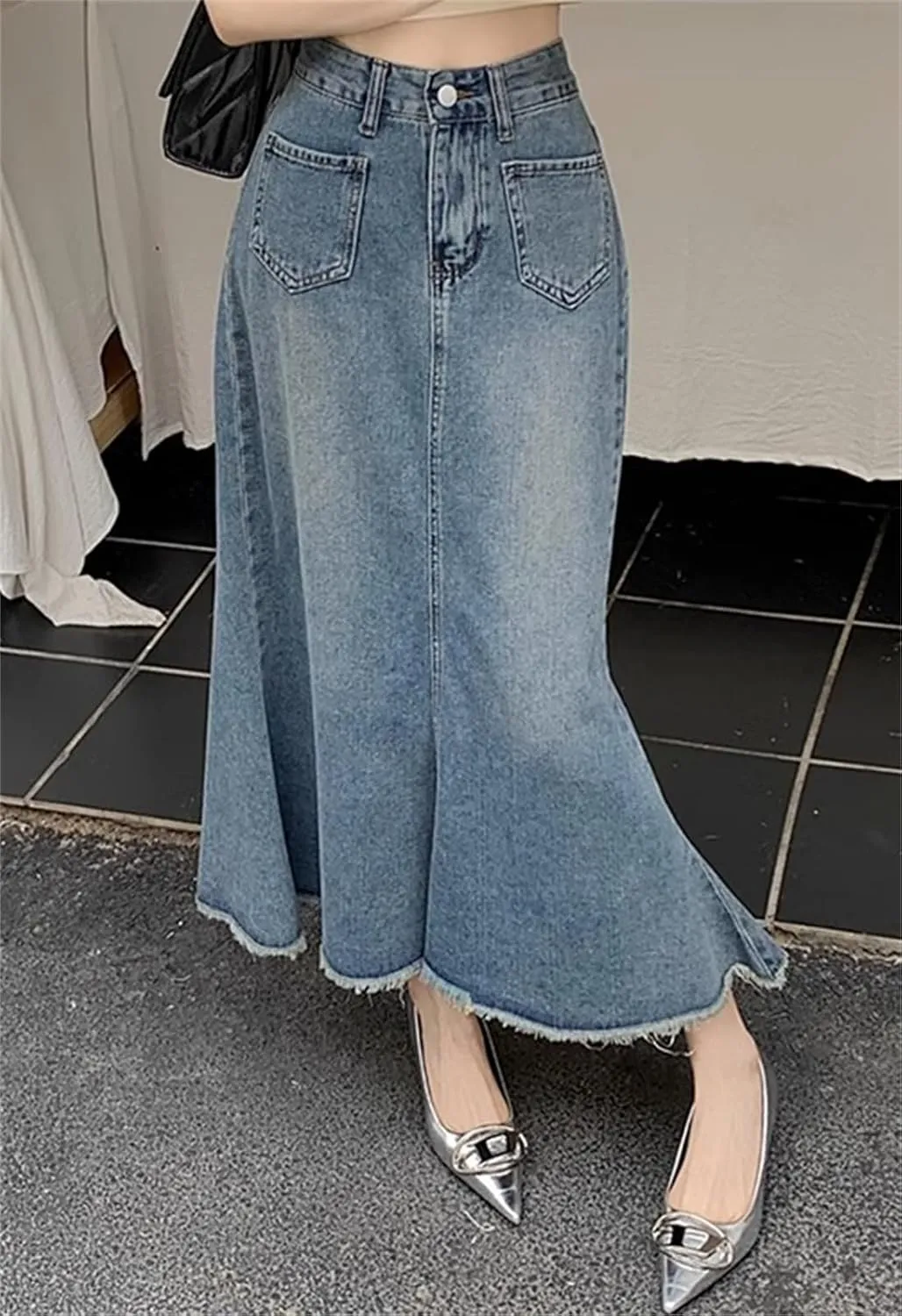 SANGTREE Women's Long Denim Skirts High Waisted Flared A Line Raw Hem Fishtail Skirt