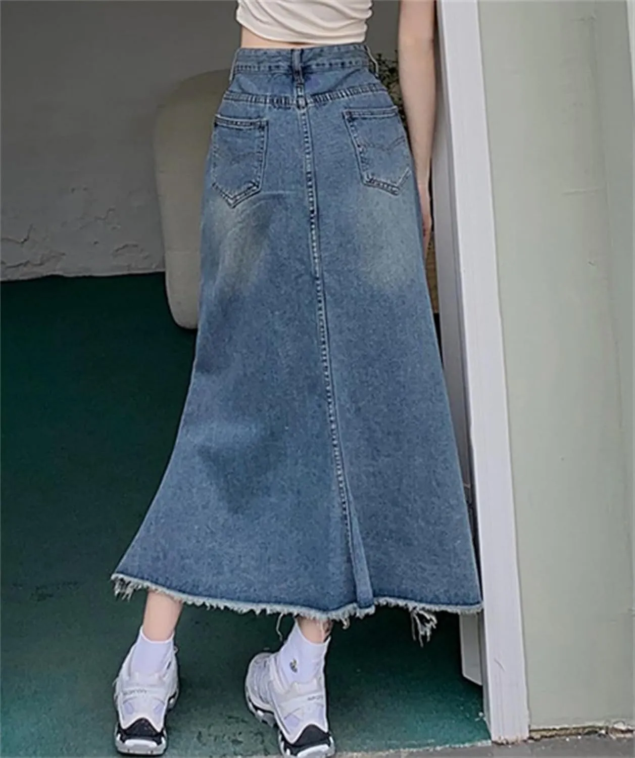 SANGTREE Women's Long Denim Skirts High Waisted Flared A Line Raw Hem Fishtail Skirt