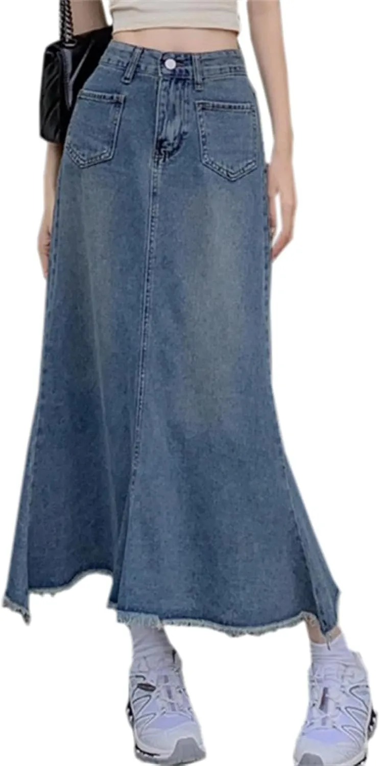 SANGTREE Women's Long Denim Skirts High Waisted Flared A Line Raw Hem Fishtail Skirt