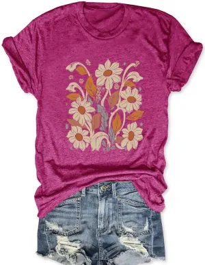 Savarana Women Vintage Flower Shirts Boho Wildflowers T Shirt Funny Nature Cottage Core Floral Short Sleeve Tops