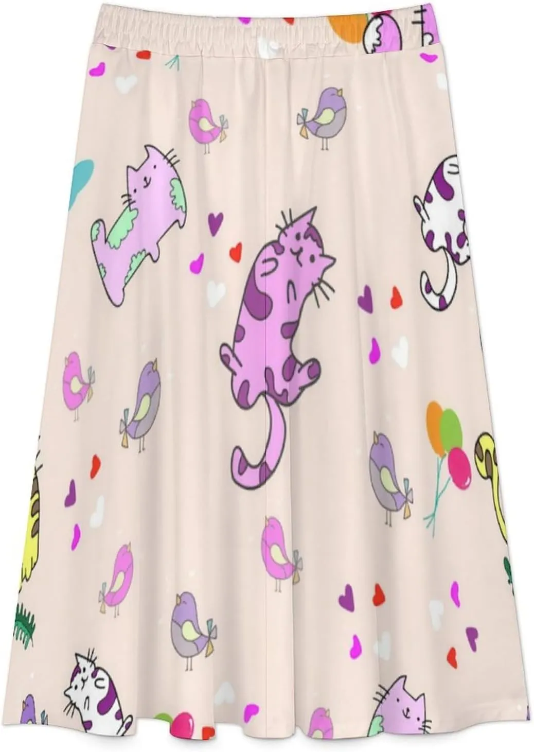 Seductive Anime Cats Printed Midi Skirts High Elastic Waist Ruffle Flowy Going Out Skirts