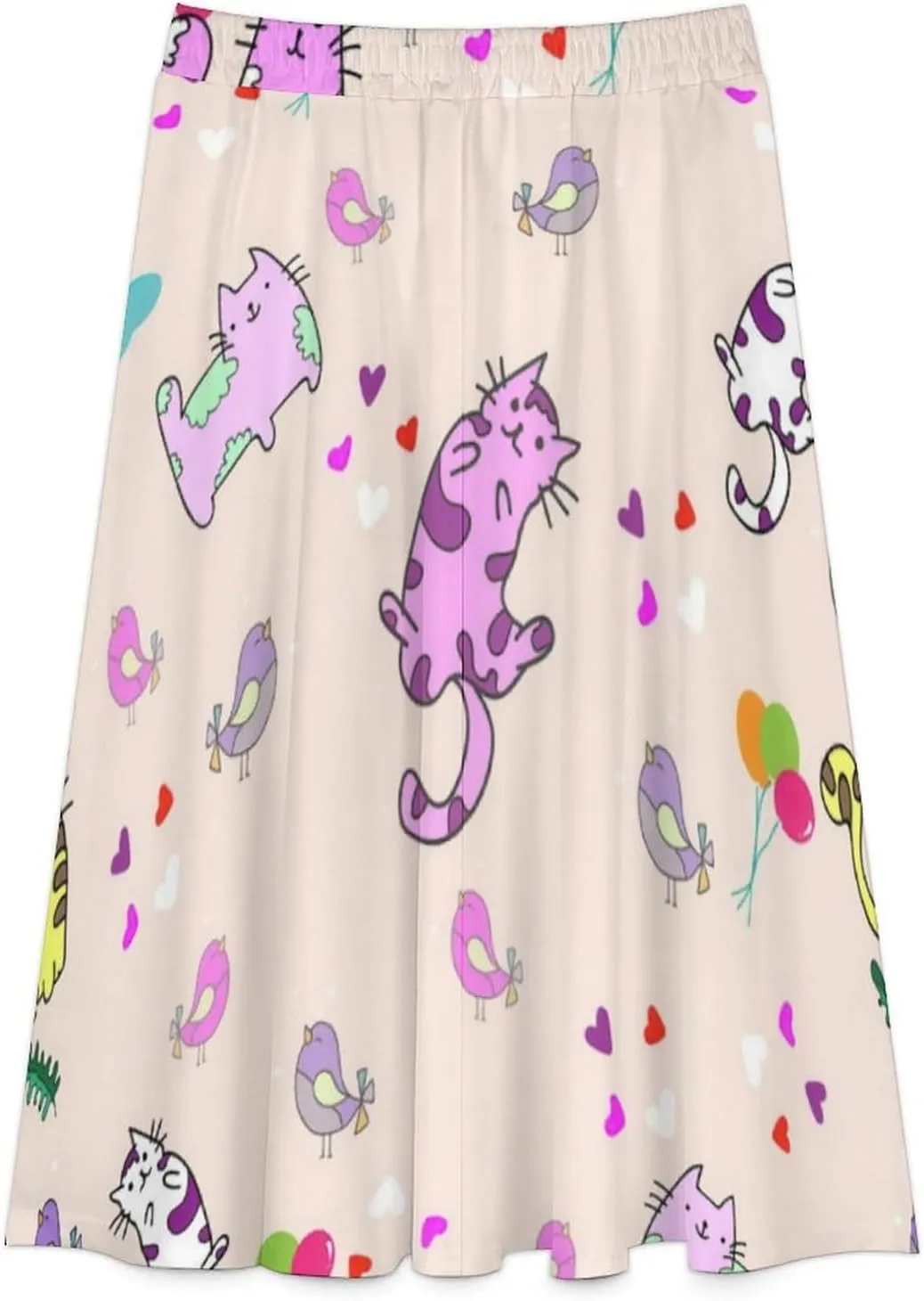 Seductive Anime Cats Printed Midi Skirts High Elastic Waist Ruffle Flowy Going Out Skirts