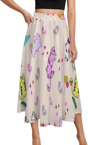 Seductive Anime Cats Printed Midi Skirts High Elastic Waist Ruffle Flowy Going Out Skirts