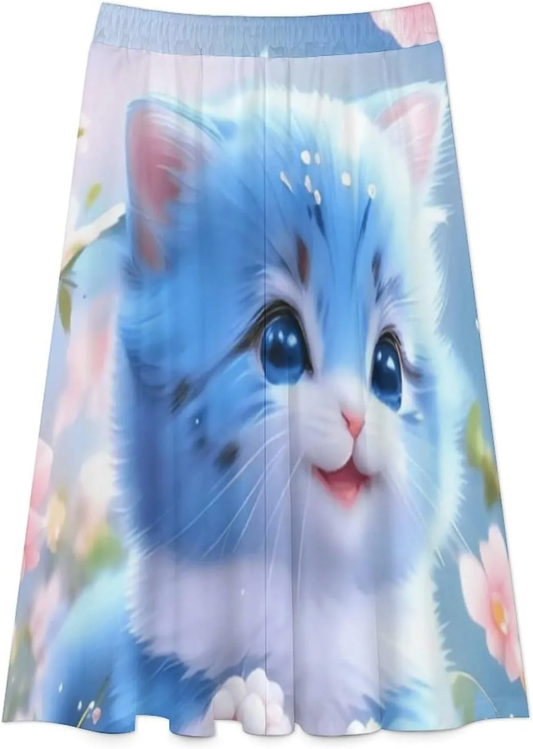 Sexy Blue Cat Printed Midi Skirt High Elastic Waist Ruffle Boho Summer Skirts