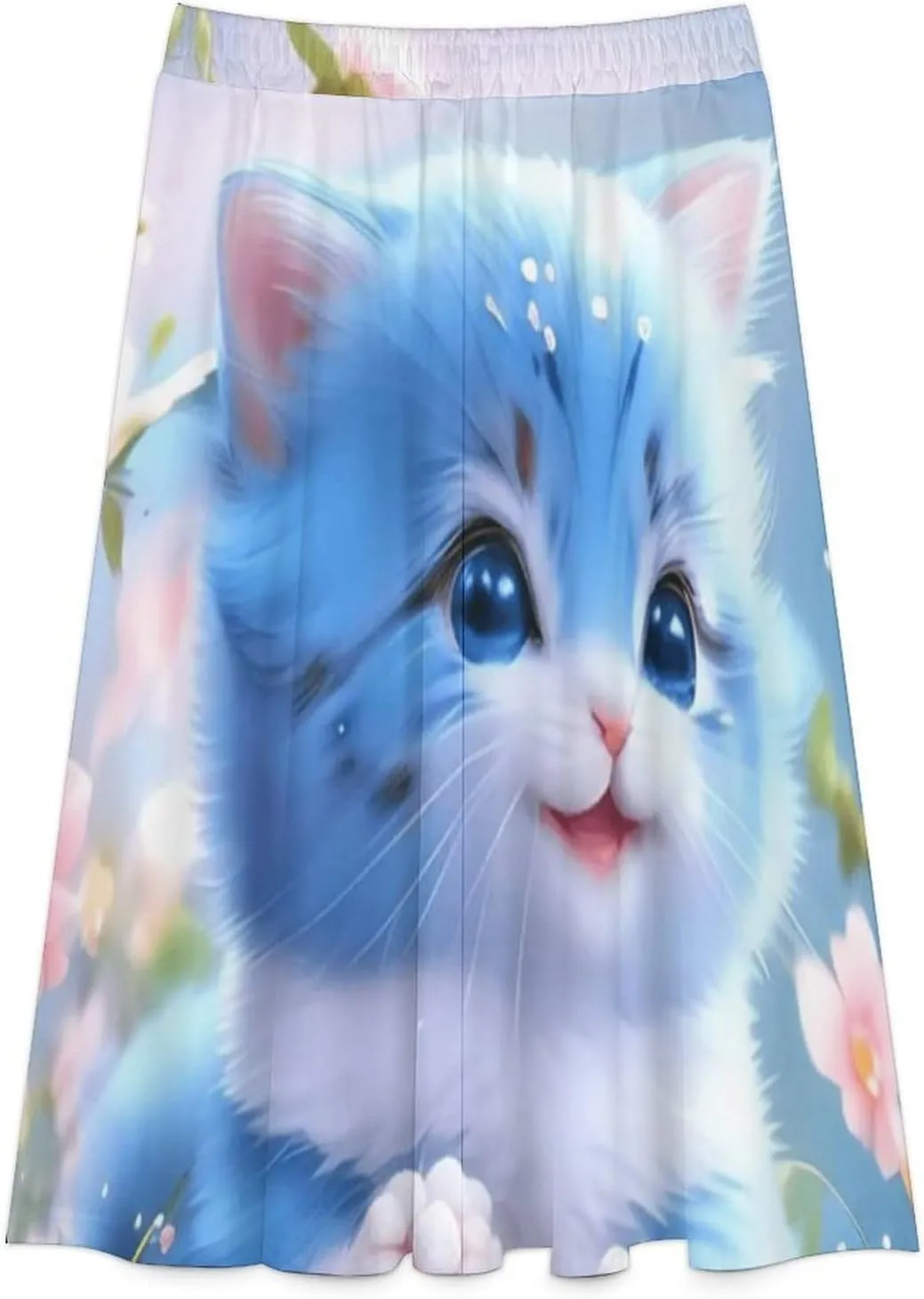 Sexy Blue Cat Printed Midi Skirt High Elastic Waist Ruffle Boho Summer Skirts