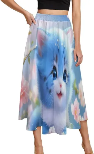 Sexy Blue Cat Printed Midi Skirt High Elastic Waist Ruffle Boho Summer Skirts