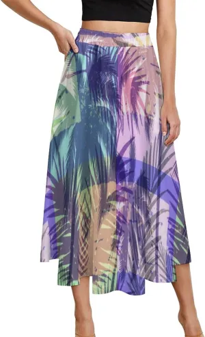 Sexy Nightfall Beach Print Midi Skirt High Elastic Waist Pleated Swing Party Skirts