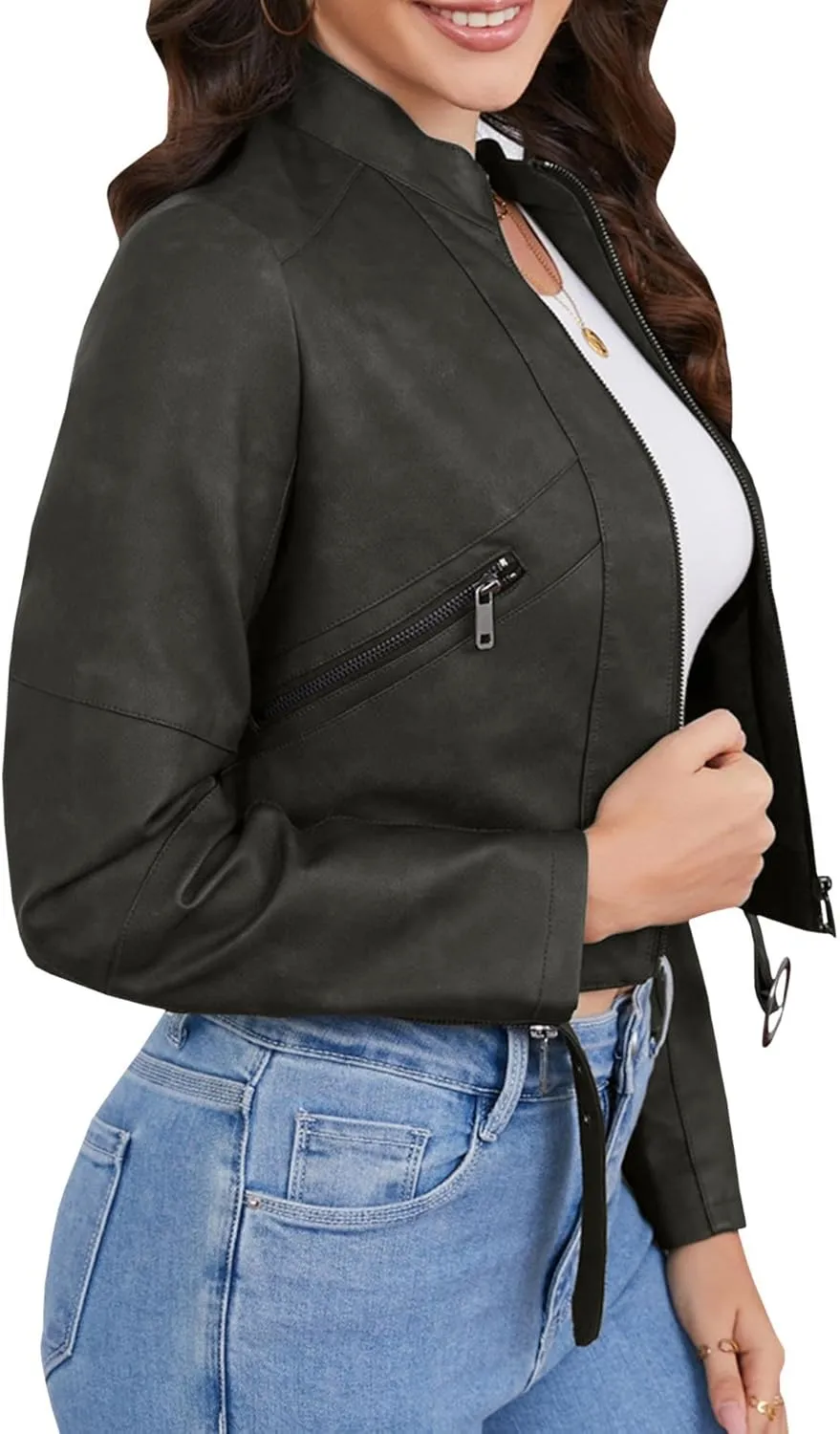 Sexyshine Women's Cropped Faux Leather Jacket Stand Collar Zipper Up PU Leather Coat Moto Bomber Biker Outwear with Belt
