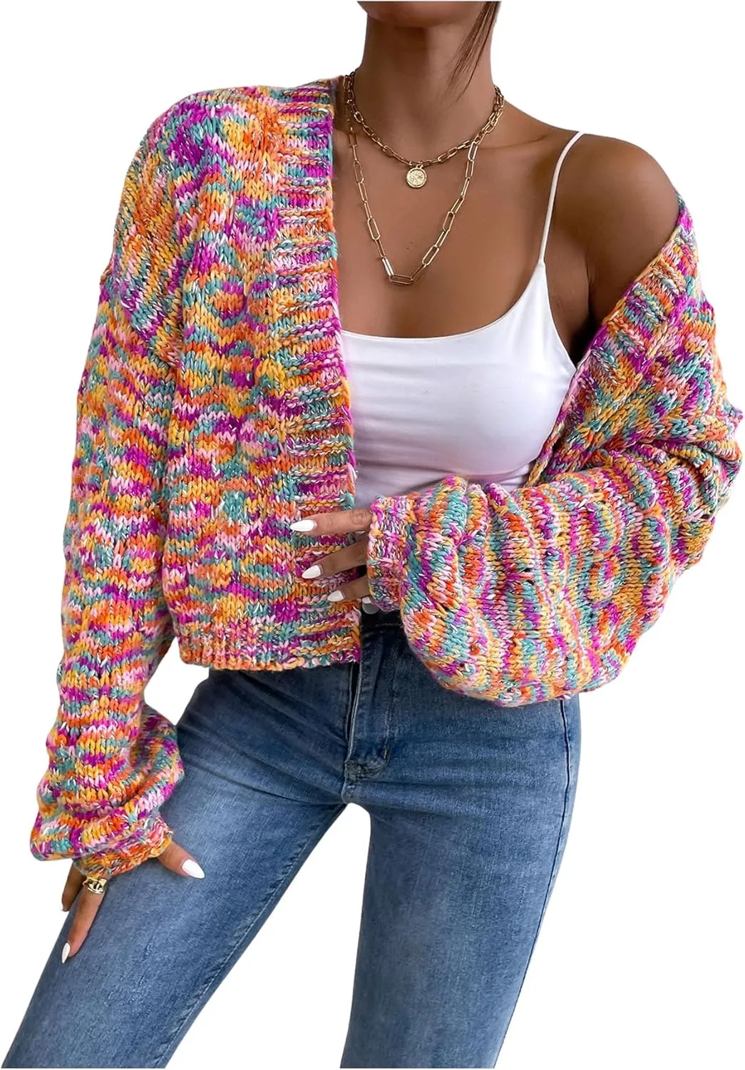 SHENHE Women's Cropped Cardigan Open Front Long Sleeve Ribbed Knit Sweater