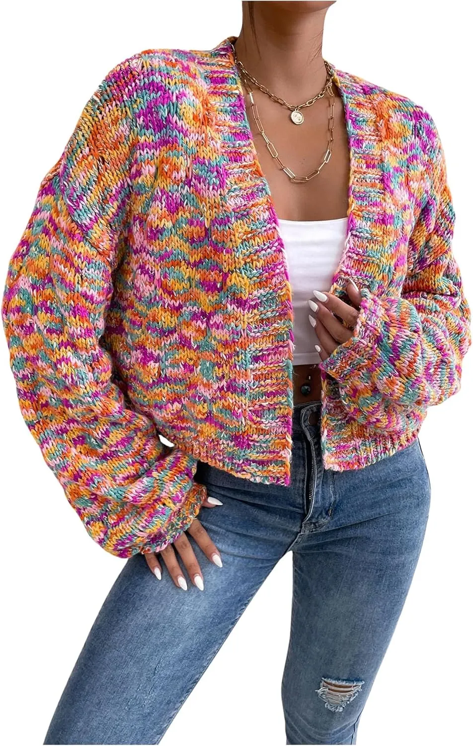 SHENHE Women's Cropped Cardigan Open Front Long Sleeve Ribbed Knit Sweater