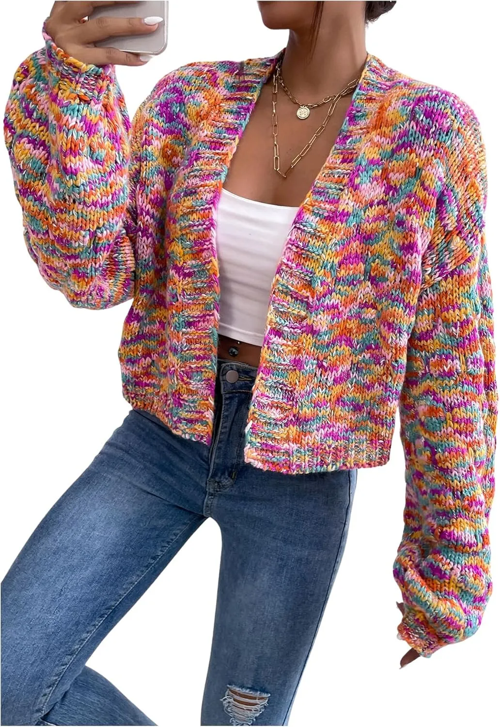 SHENHE Women's Cropped Cardigan Open Front Long Sleeve Ribbed Knit Sweater