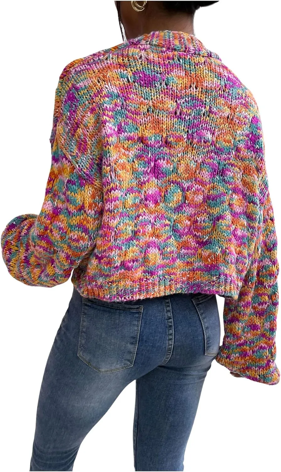 SHENHE Women's Cropped Cardigan Open Front Long Sleeve Ribbed Knit Sweater