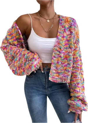 SHENHE Women's Cropped Cardigan Open Front Long Sleeve Ribbed Knit Sweater