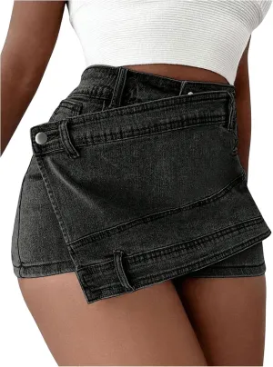 SHENHE Women's Vintage Mini Denim Skorts Wrap Overlay Irregular Stretchy Cargo Shorts