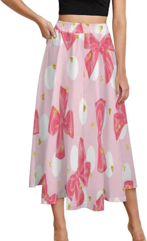 Simple Pink Bows Print Midi Skirt High Elastic Waist Ruffle Bohemia Beach Skirts