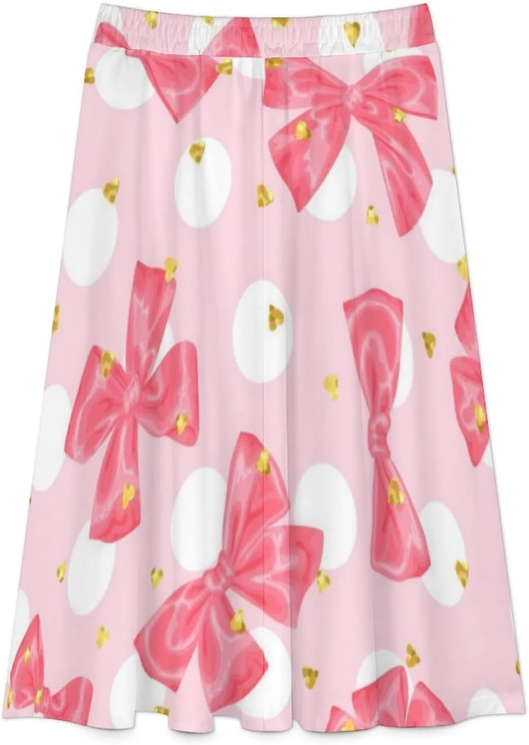 Simple Pink Bows Print Midi Skirt High Elastic Waist Ruffle Bohemia Beach Skirts