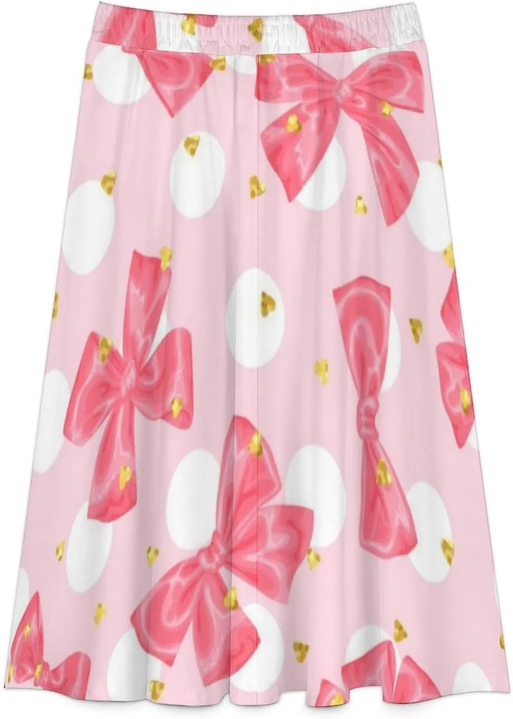 Simple Pink Bows Print Midi Skirt High Elastic Waist Ruffle Bohemia Beach Skirts