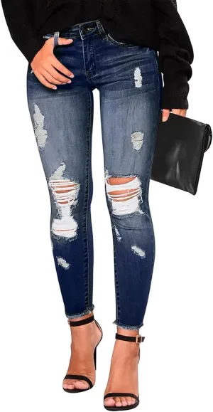 Skinny Jeans for Women Trendy Destroyed Ripped Stretchy High Waisted Jeans Casual Tummy Control Button Denim Pants