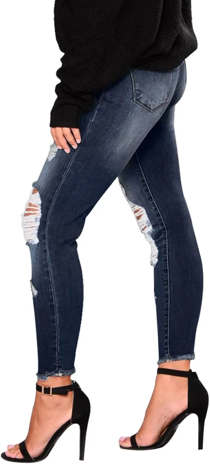 Skinny Jeans for Women Trendy Destroyed Ripped Stretchy High Waisted Jeans Casual Tummy Control Button Denim Pants