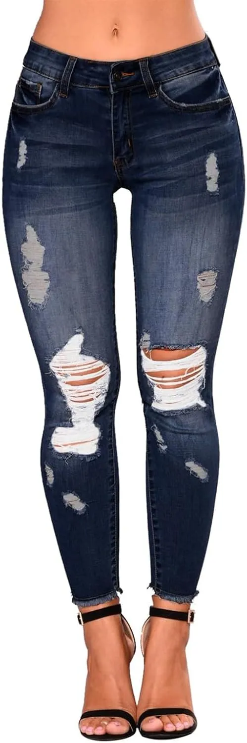 Skinny Jeans for Women Trendy Destroyed Ripped Stretchy High Waisted Jeans Casual Tummy Control Button Denim Pants