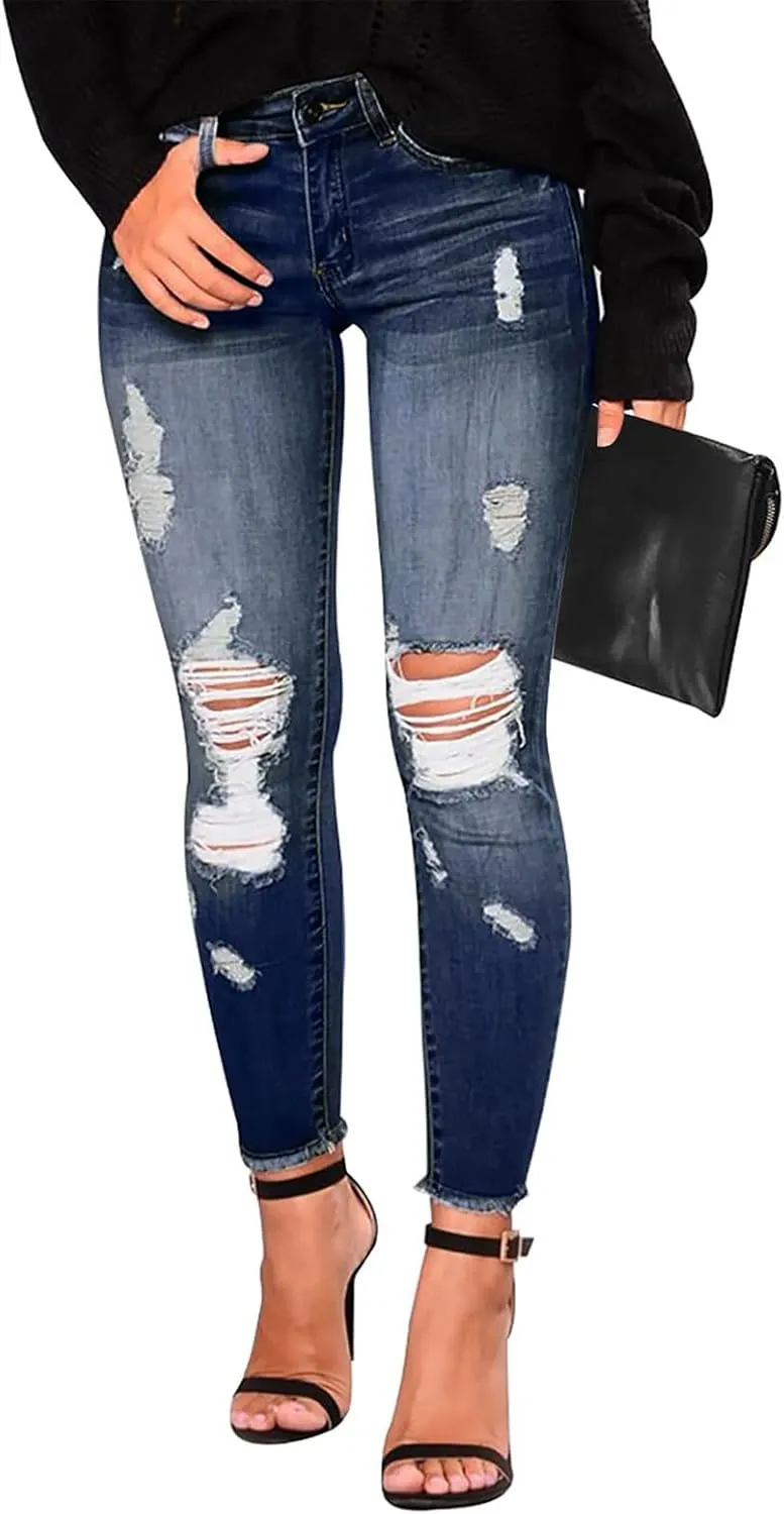 Skinny Jeans for Women Trendy Destroyed Ripped Stretchy High Waisted Jeans Casual Tummy Control Button Denim Pants