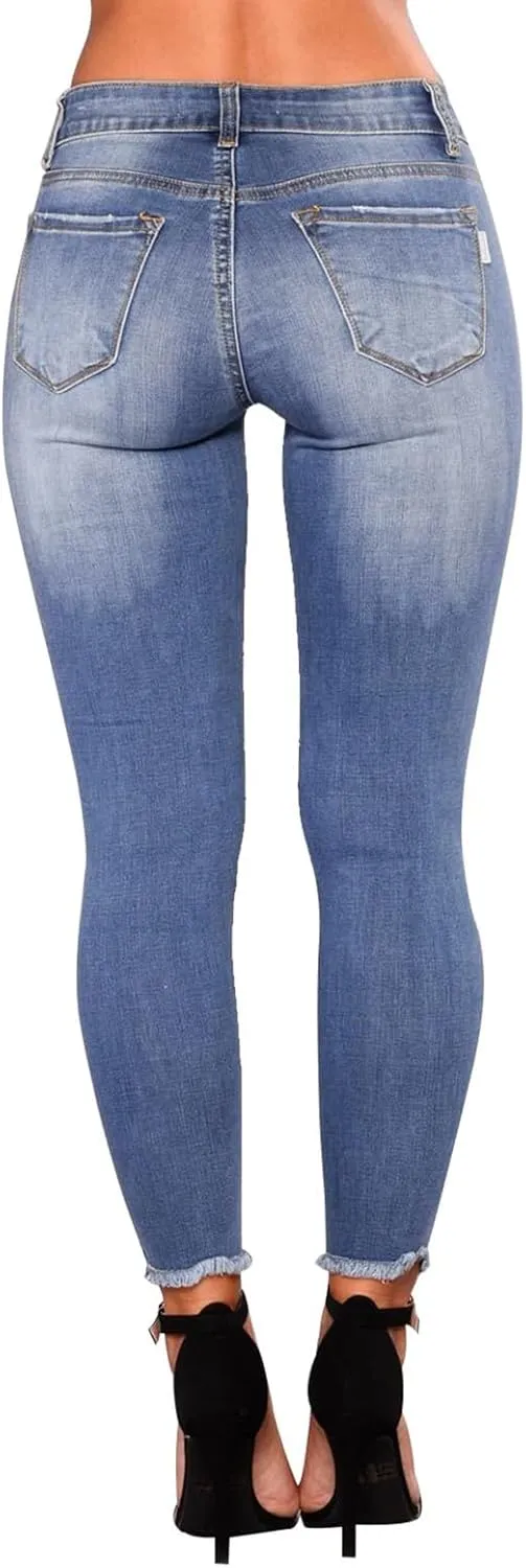 Skinny Jeans for Women Trendy Destroyed Ripped Stretchy High Waisted Jeans Casual Tummy Control Button Denim Pants