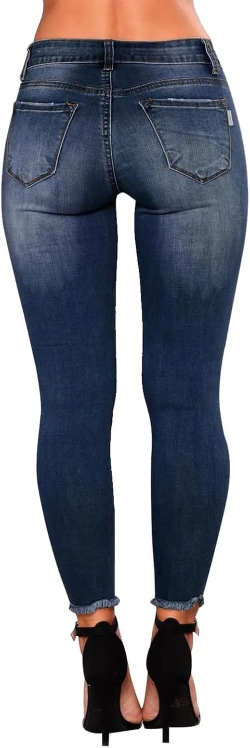 Skinny Jeans for Women Trendy Destroyed Ripped Stretchy High Waisted Jeans Casual Tummy Control Button Denim Pants