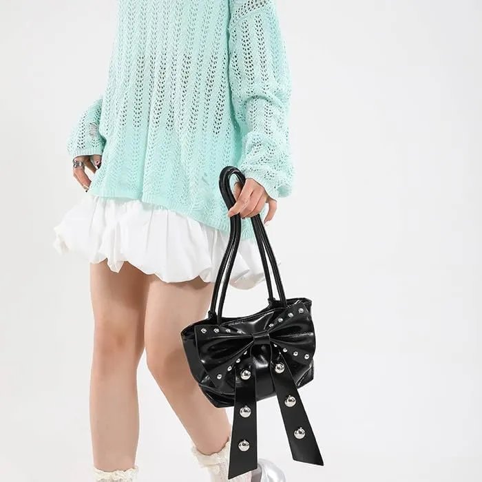 Small Coquette Purse for Women Y2k Shoulder Bag Underarm Studded Purses with Bow Aesthetic Hobo Bowknot Handbag