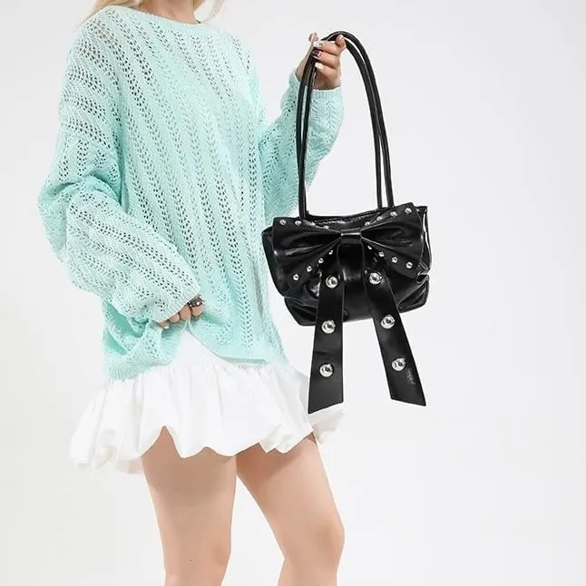 Small Coquette Purse for Women Y2k Shoulder Bag Underarm Studded Purses with Bow Aesthetic Hobo Bowknot Handbag