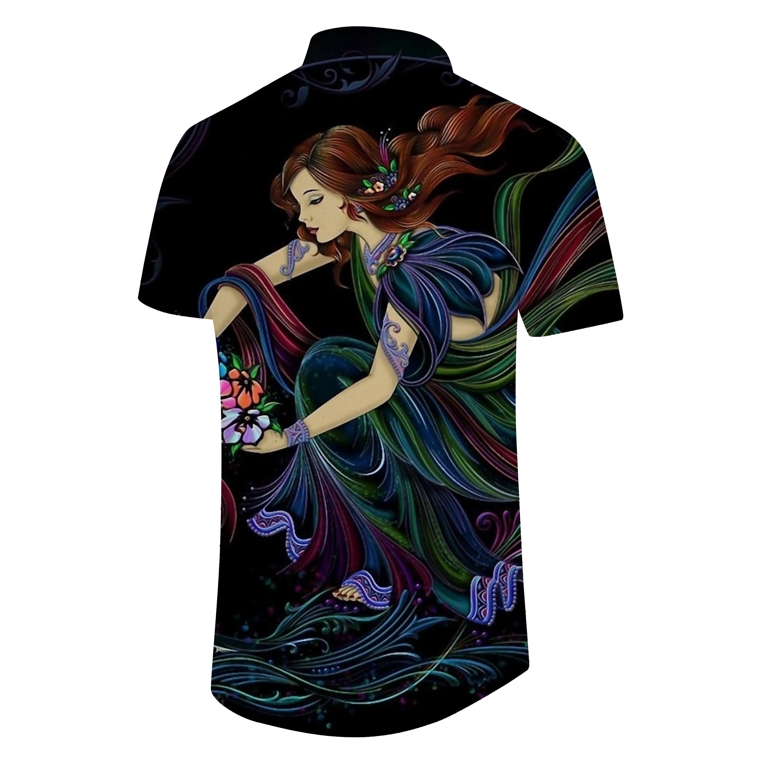 Snow White Cartoon Casual Shirt Men's Four Seasons Vacation Outdoor Short Sleeve Hawaiian Button Lapel Black