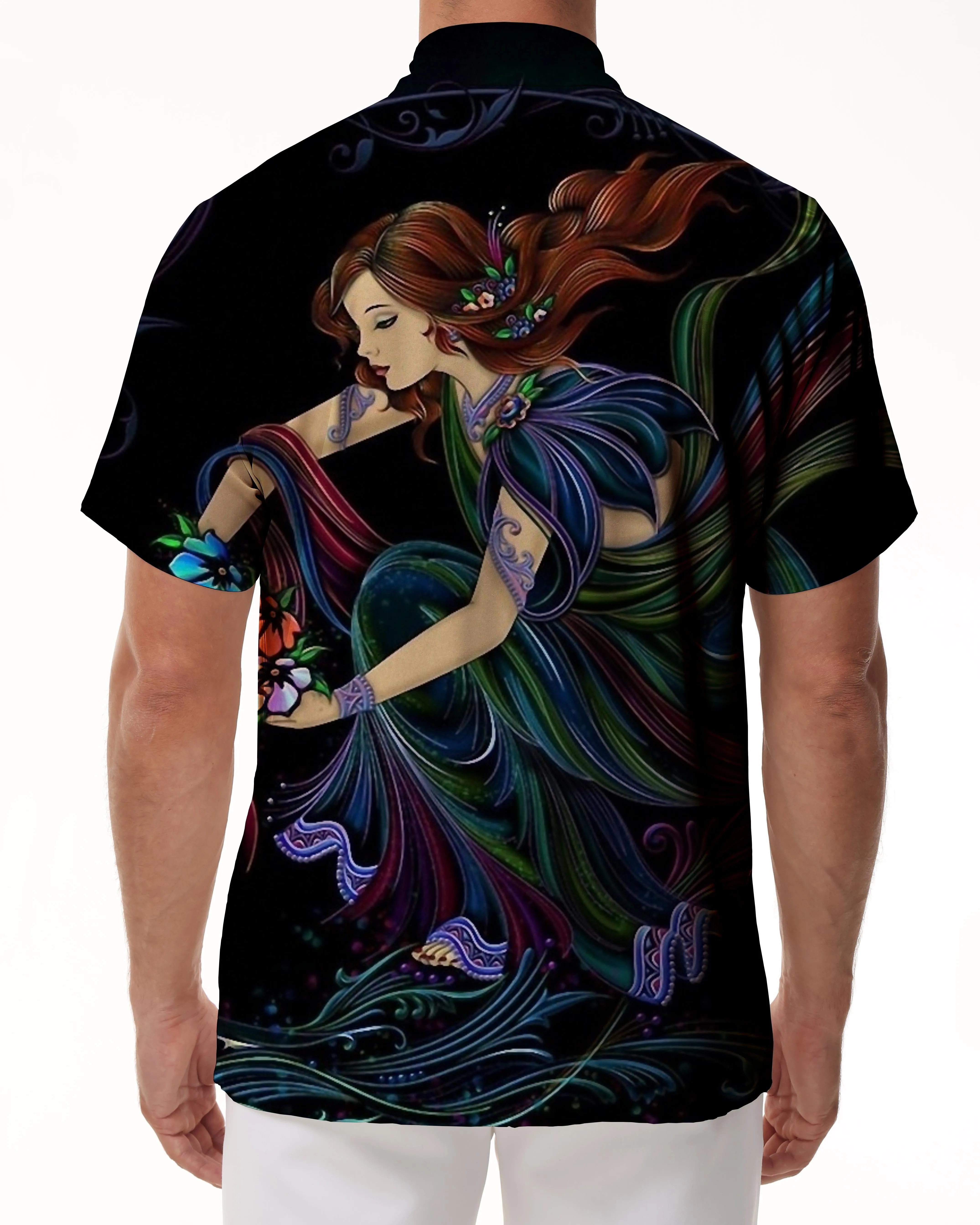 Snow White Cartoon Casual Shirt Men's Four Seasons Vacation Outdoor Short Sleeve Hawaiian Button Lapel Black