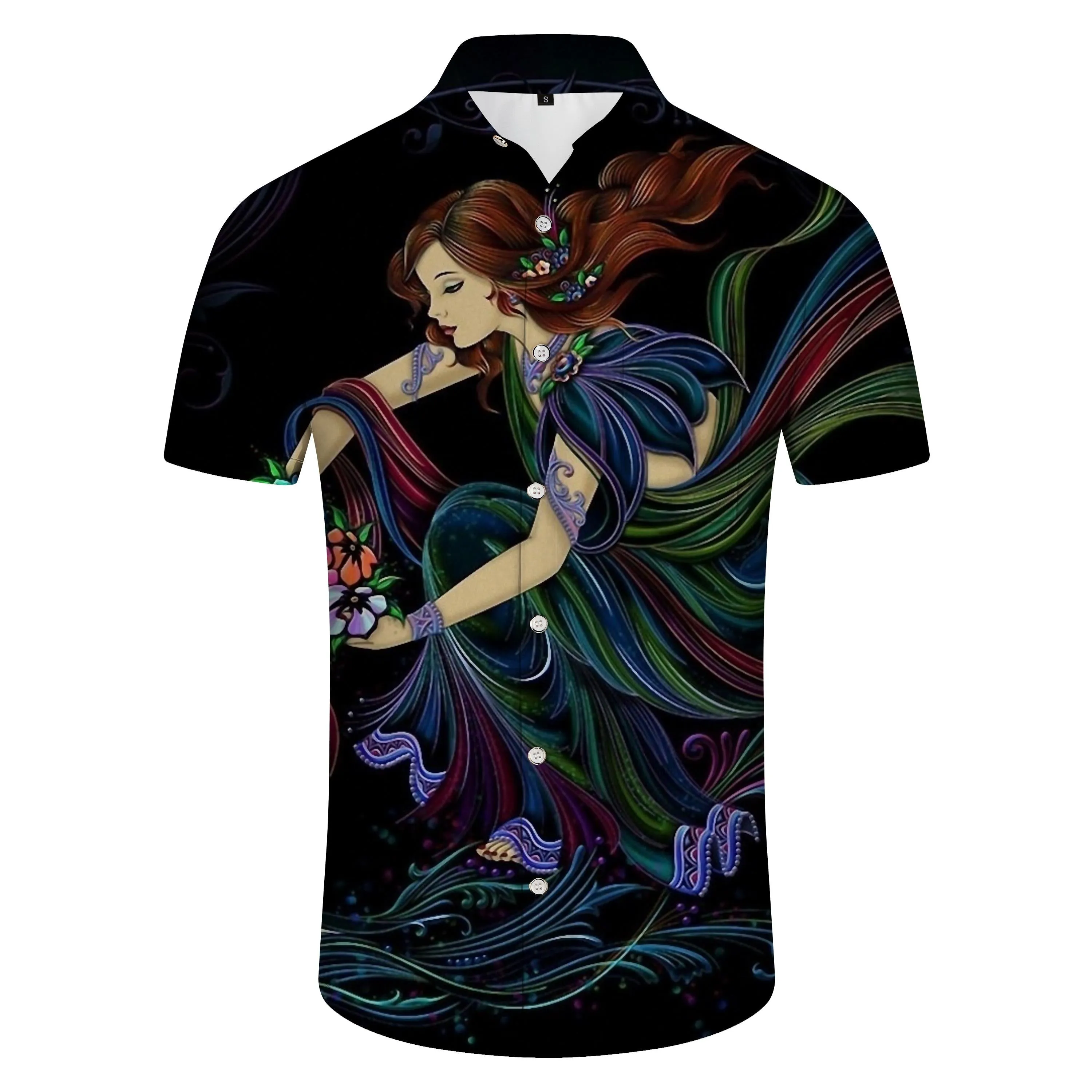 Snow White Cartoon Casual Shirt Men's Four Seasons Vacation Outdoor Short Sleeve Hawaiian Button Lapel Black