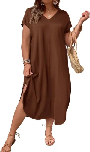 SOLY HUX Women's Plus Size Summer Dress V Neck Short Sleeve Split Hem Midi Dresses