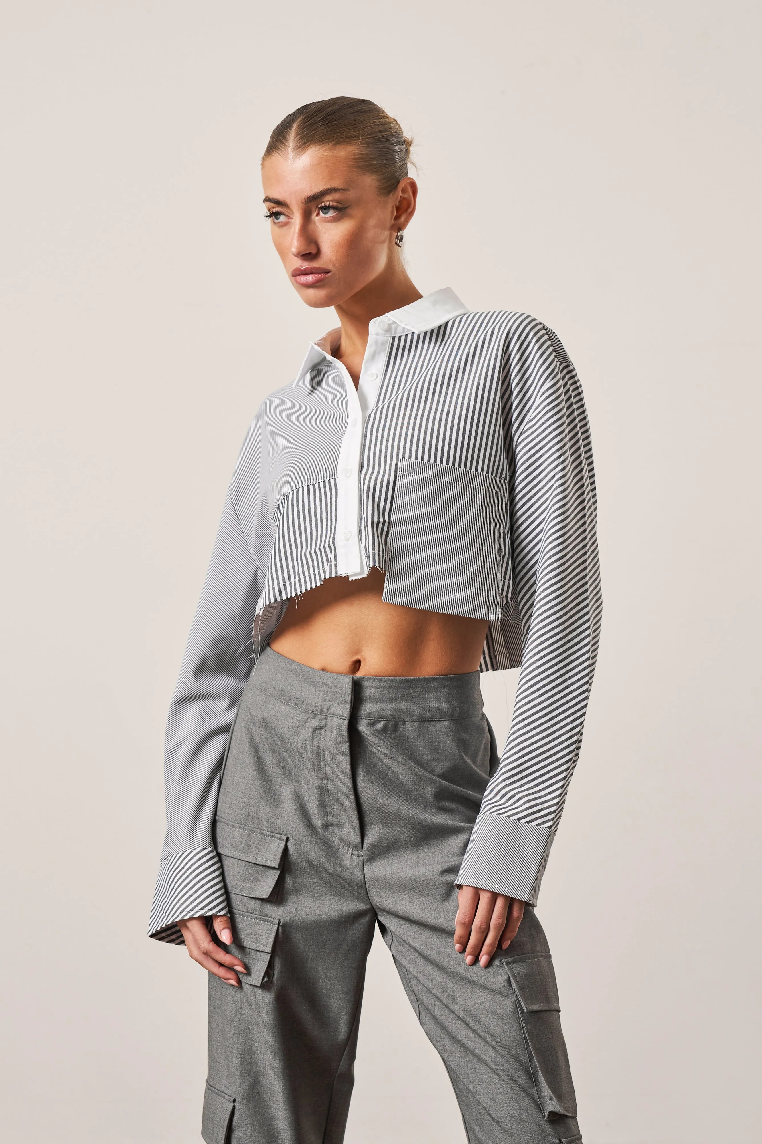 SPLICED MIXED STRIPE CROPPED SHIRT - GREY