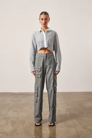 SPLICED MIXED STRIPE CROPPED SHIRT - GREY
