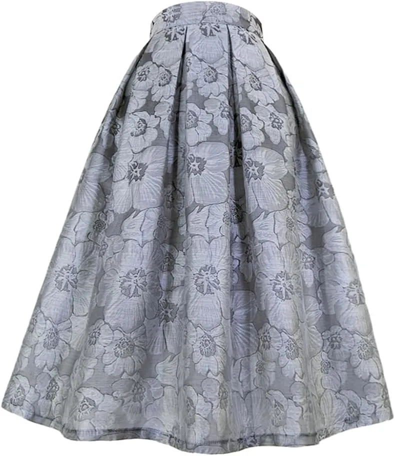 Spring Summer Women Vintage Black Gray Floral Embroidery High Waist Long Pleated Midi Skirt for Office