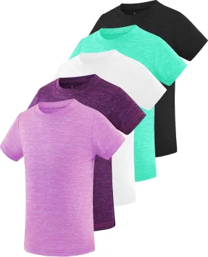 Star Vibe 5 Pack Girl's Shirts Athletic Short Sleeve Dry-Fit T-Shirts Crew Neck Active Sports Tops for Kids Teen 5-14 Years