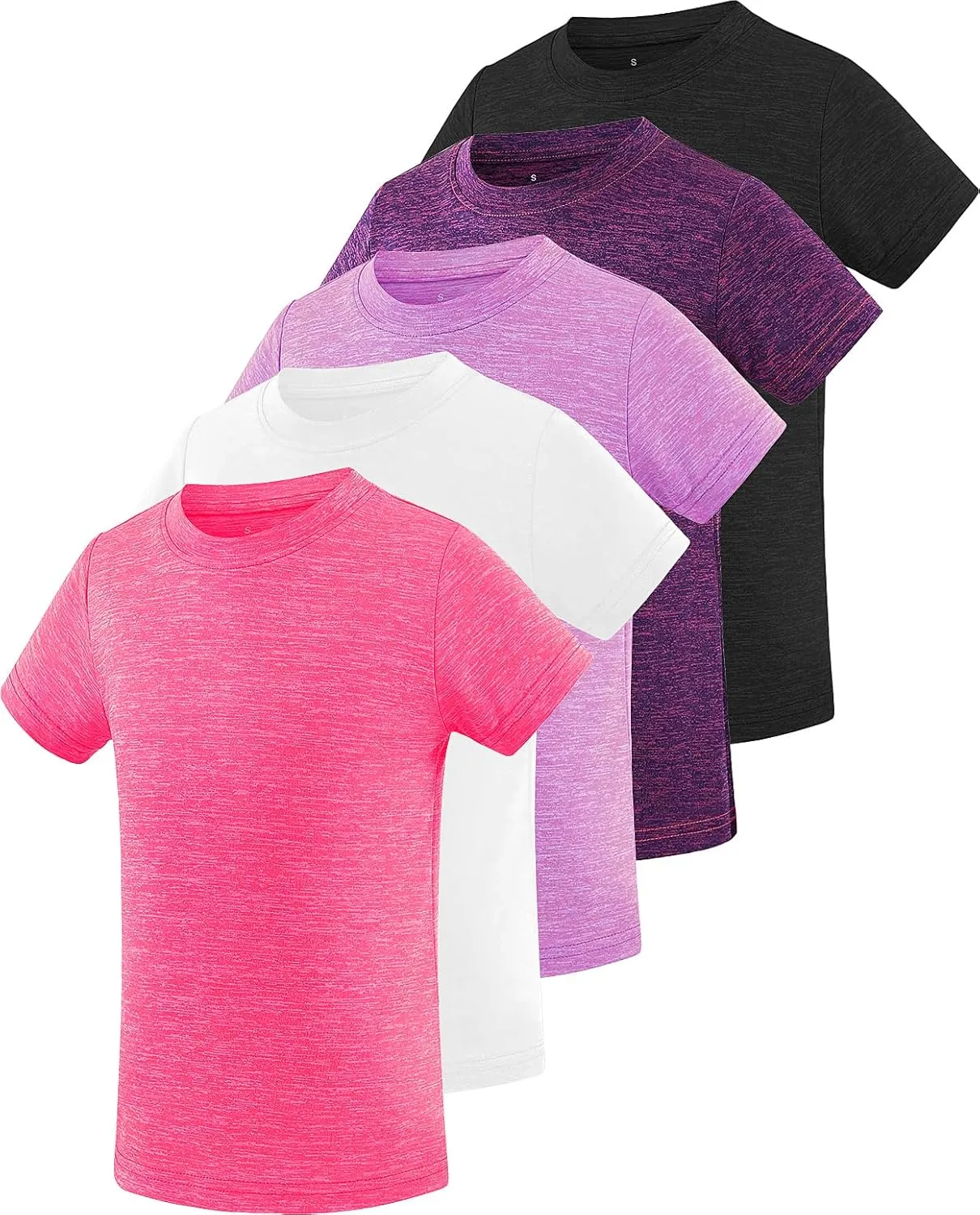 Star Vibe 5 Pack Girl's Shirts Athletic Short Sleeve Dry-Fit T-Shirts Crew Neck Active Sports Tops for Kids Teen 5-14 Years