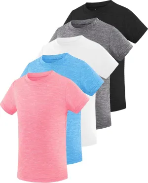 Star Vibe 5 Pack Girl's Shirts Athletic Short Sleeve Dry-Fit T-Shirts Crew Neck Active Sports Tops for Kids Teen 5-14 Years