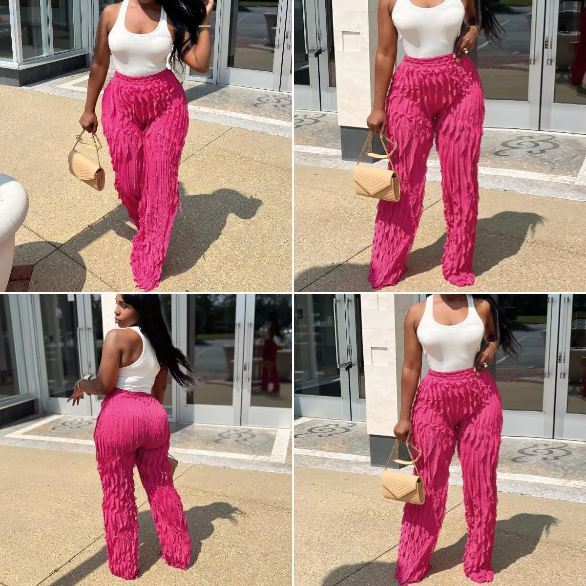 Suillty Women's Wave Ruffles Splicing Wide Leg Pants Sexy See Through Mesh High Waist Long Palazzo Trousers Party Clubwear